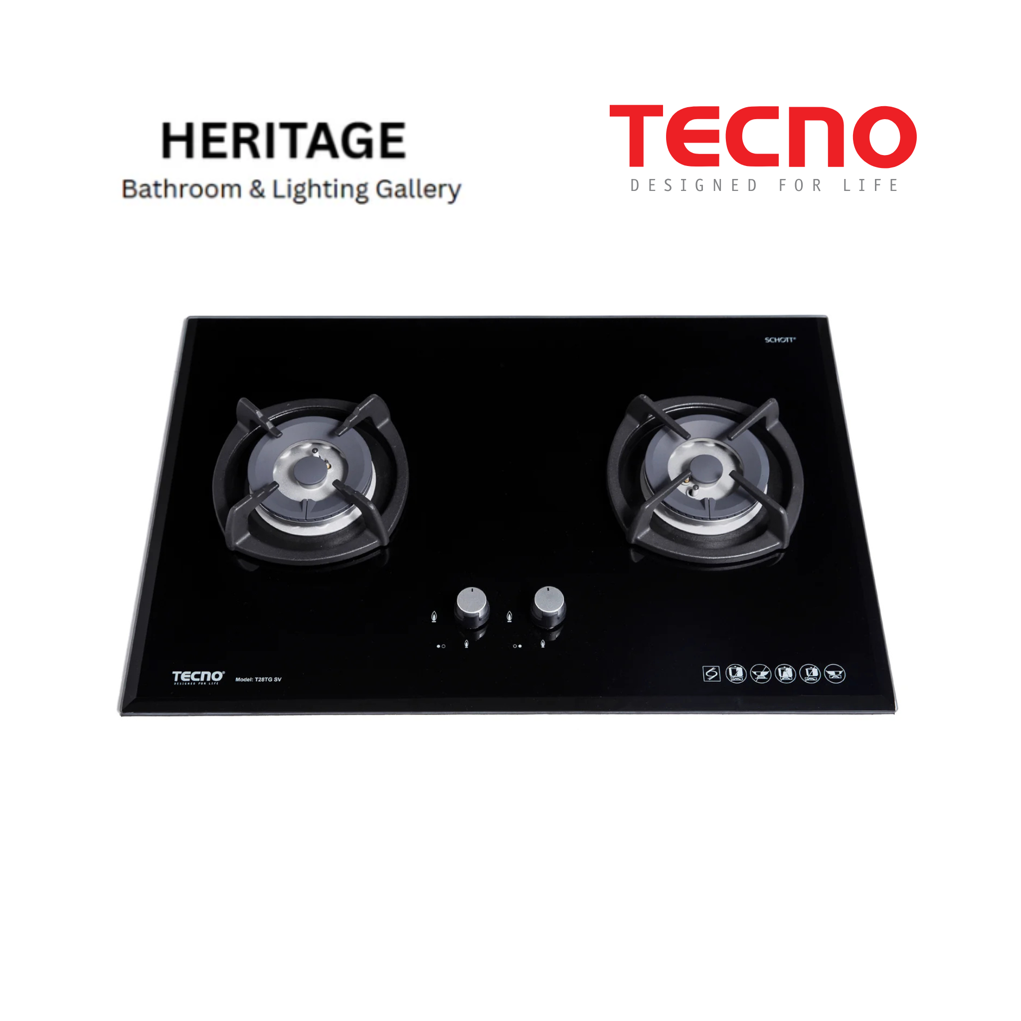 Tecno 2-Burner 75cm Glass Hob with Inferno Wok Burner Technology