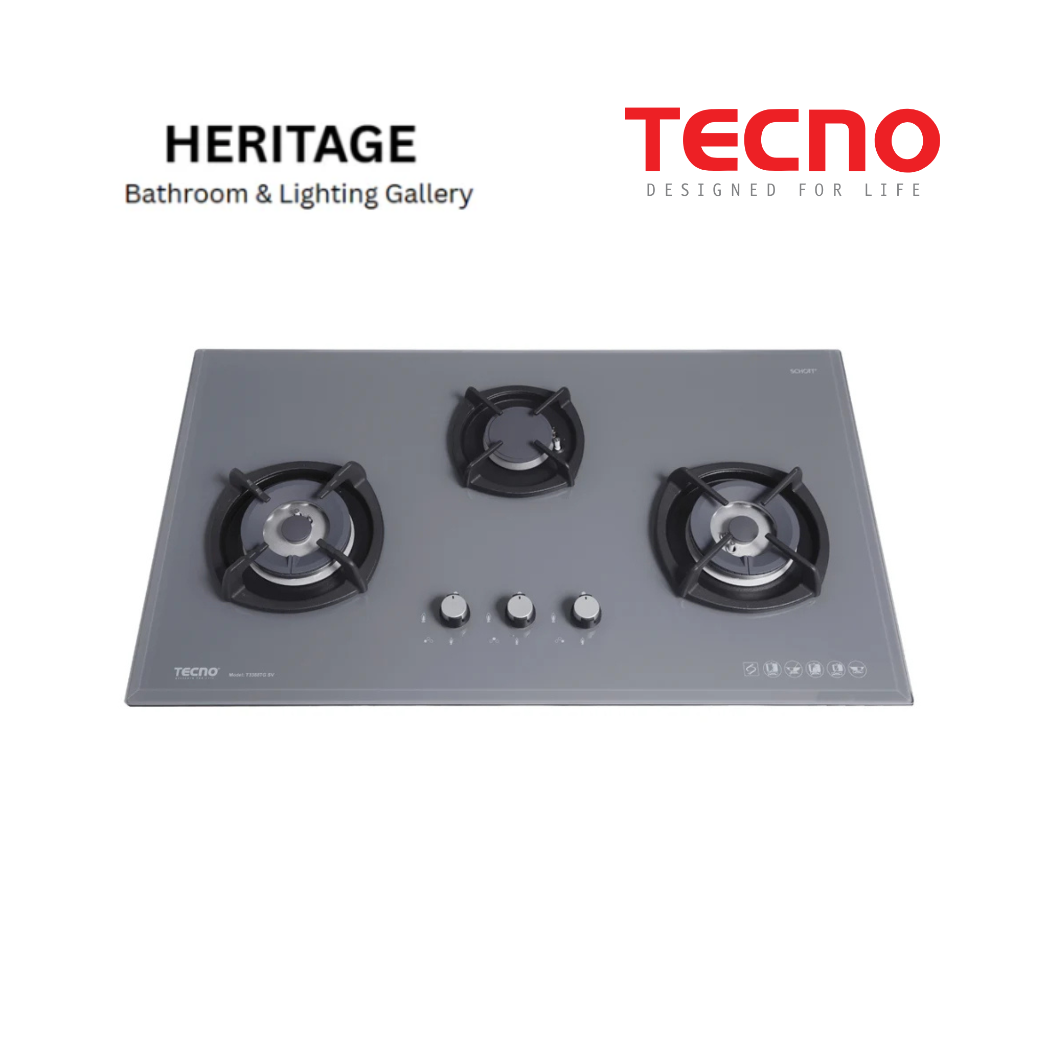 Tecno 3-Burner 88cm Glass Cooker Hob with Inferno Wok Burner Technology