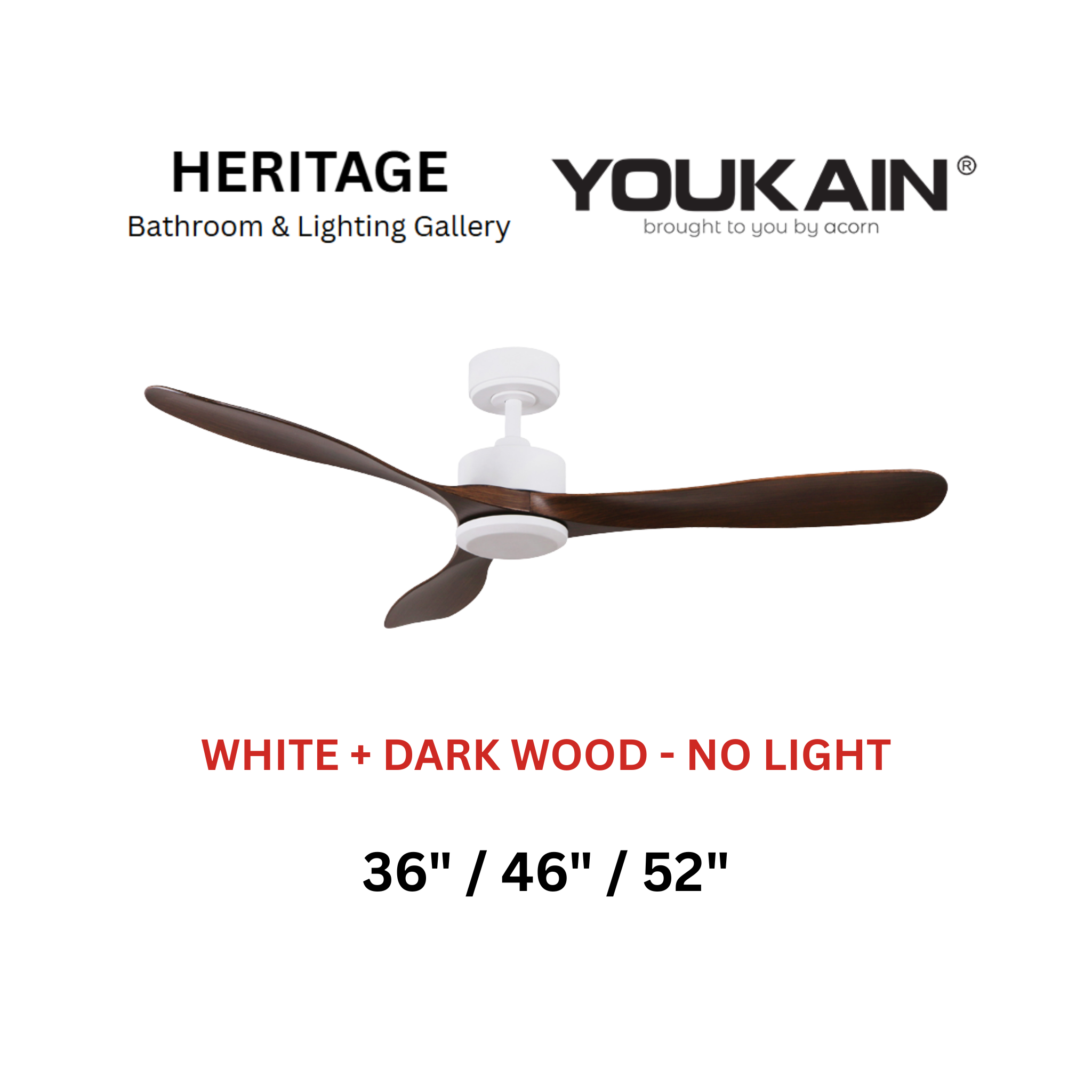Youkain YJ-668 White + Dark Wood No Light Ceiling Fan